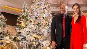 Couple standing at Grand Sierra Resort Main Lobby Holiday Display
