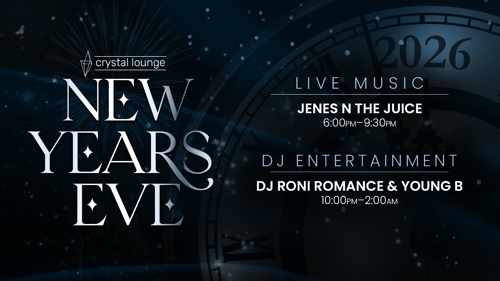 Image of promotion for Crystal Lounge New Year's Eve Entertainment.