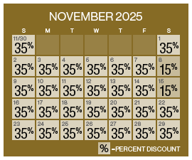 Image of discount rate calendar for Labor Day Flash Sale at GSR in November 2025.